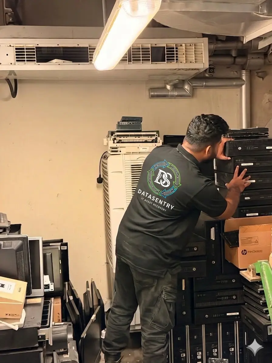 A Data Sentry team member sorting bulk laptop and desktop scrap for certified computer recycling at a Dubai facility